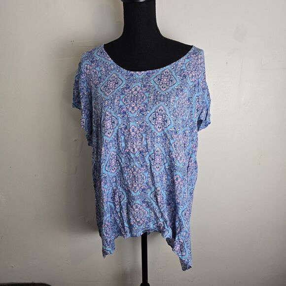 Marina Luna Blouse Plus Size 2X Blue Pink Damask Print Hi Low Hem Top SOLD ON EB - Picture 2 of 10